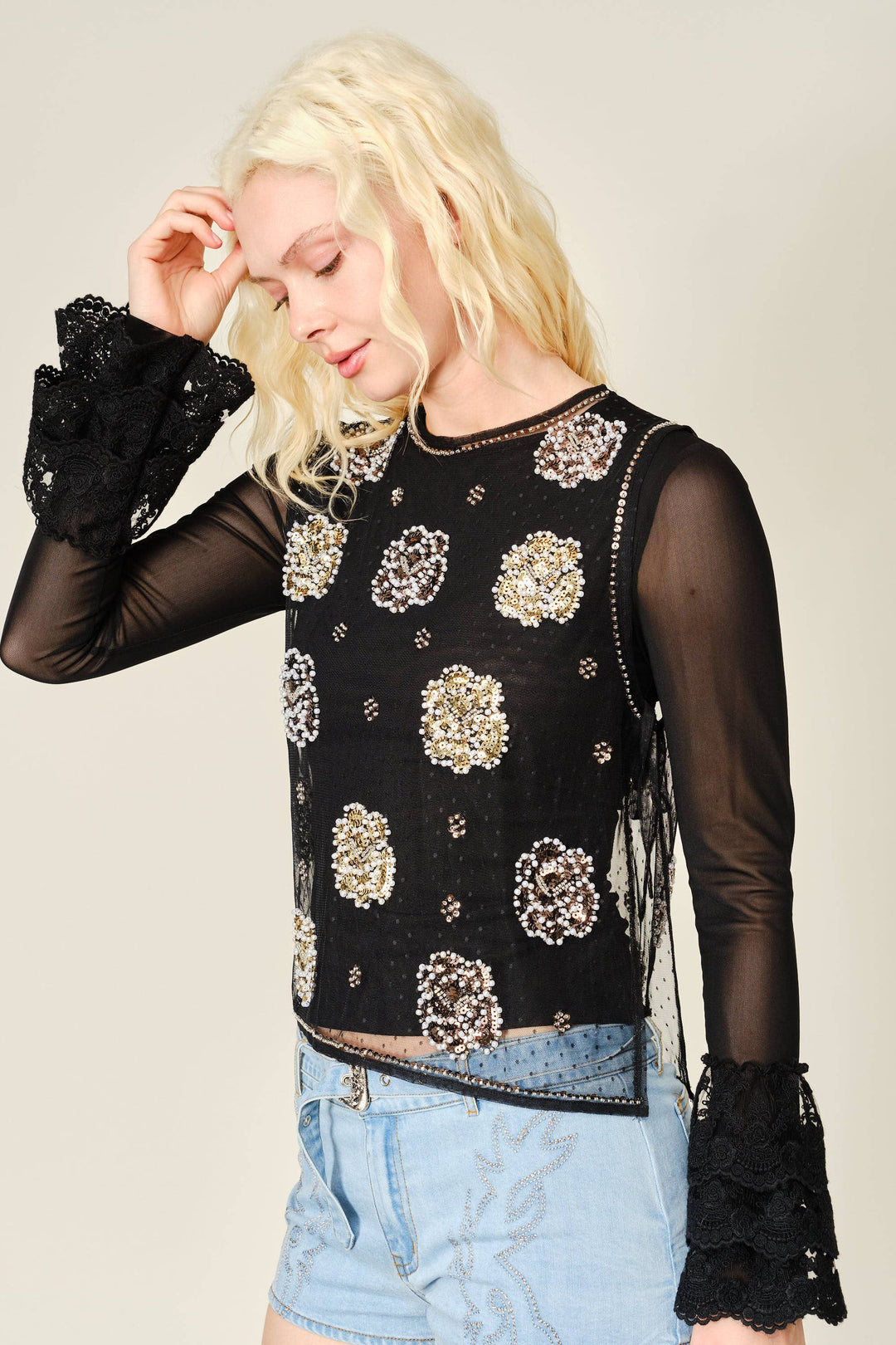 96027T Beaded Mesh Layered Top