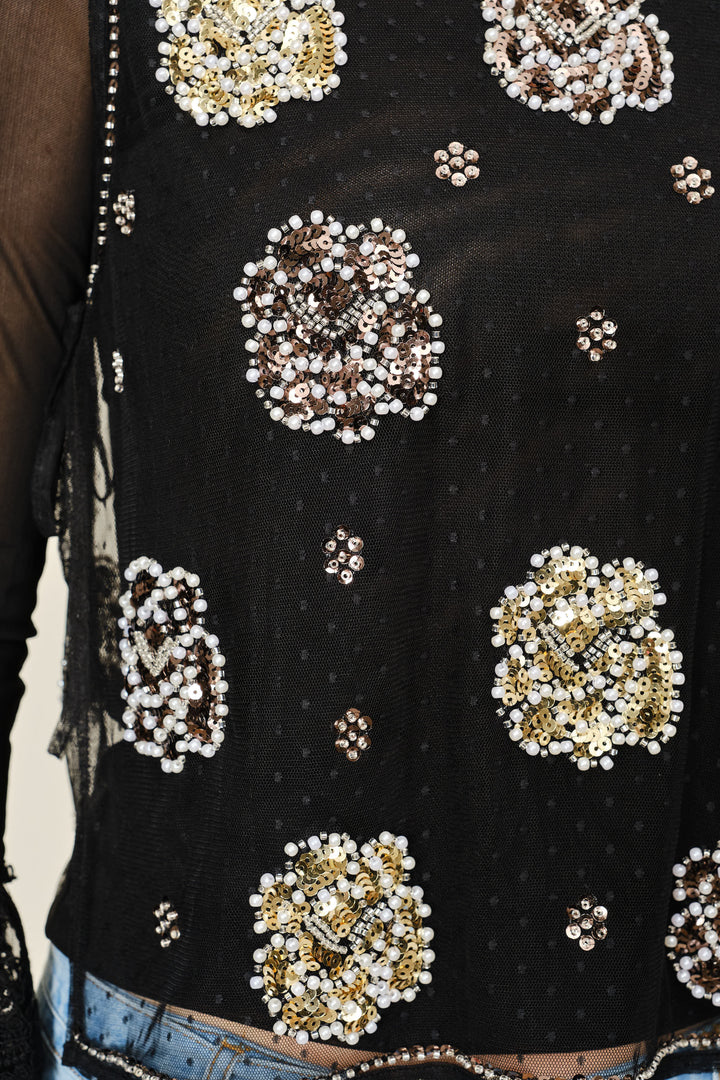 96027T Beaded Mesh Layered Top
