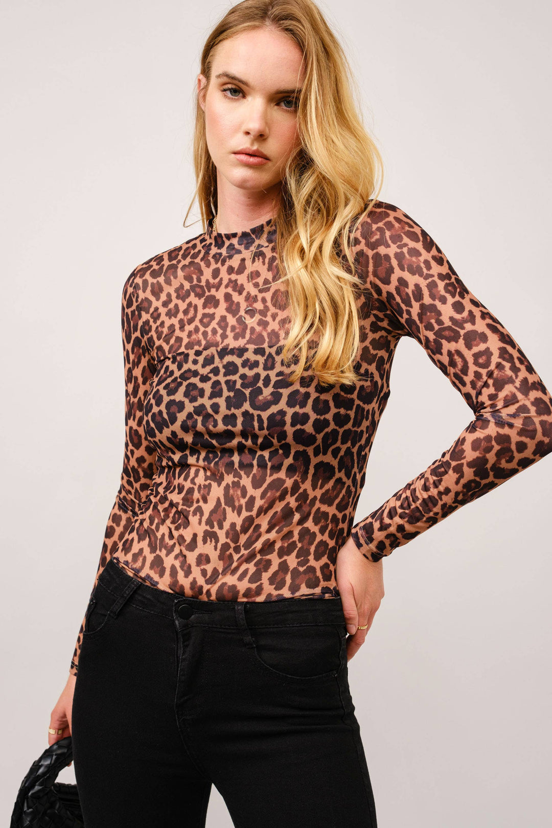 36703T - Leopard Mesh Mock Neck Fitted Top