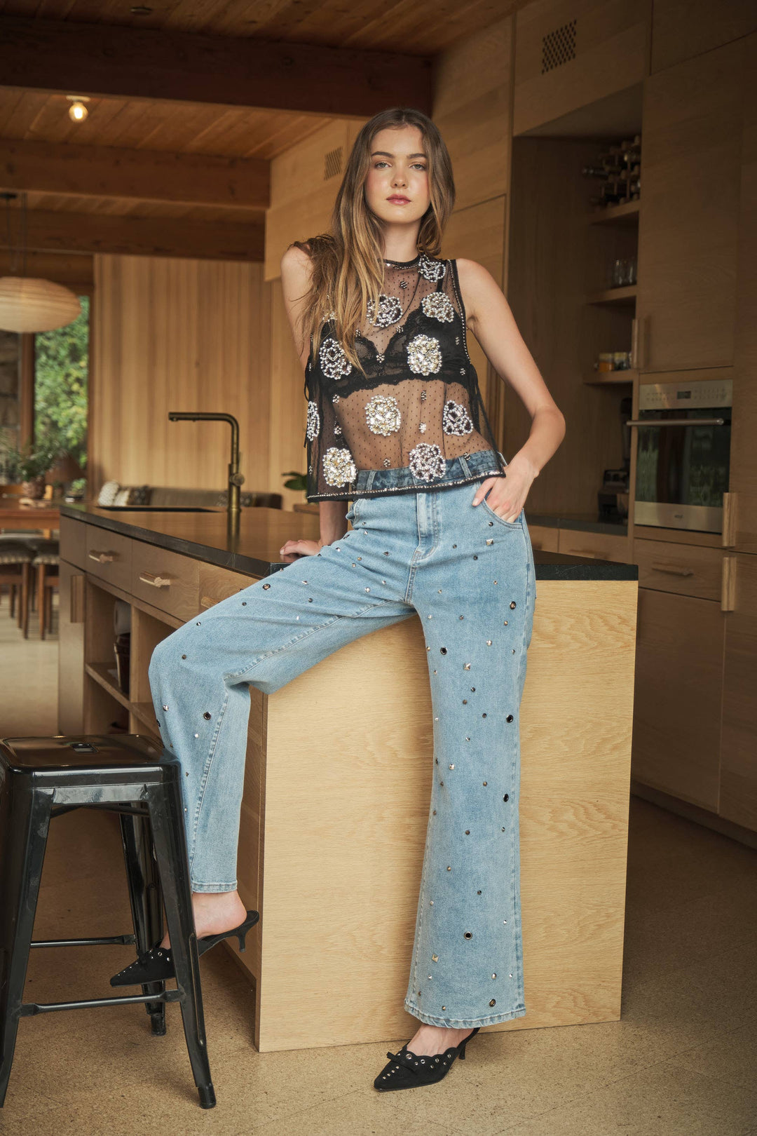 96027T Beaded Mesh Layered Top